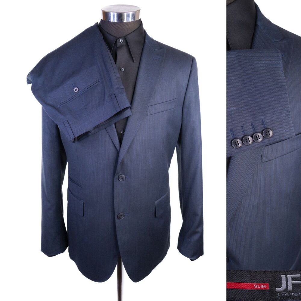 JF Ferrar 2-Pcs Suit Blue SLIM FIT Jacket Blazer Sz 44R Pants 32X32 Poly Blend